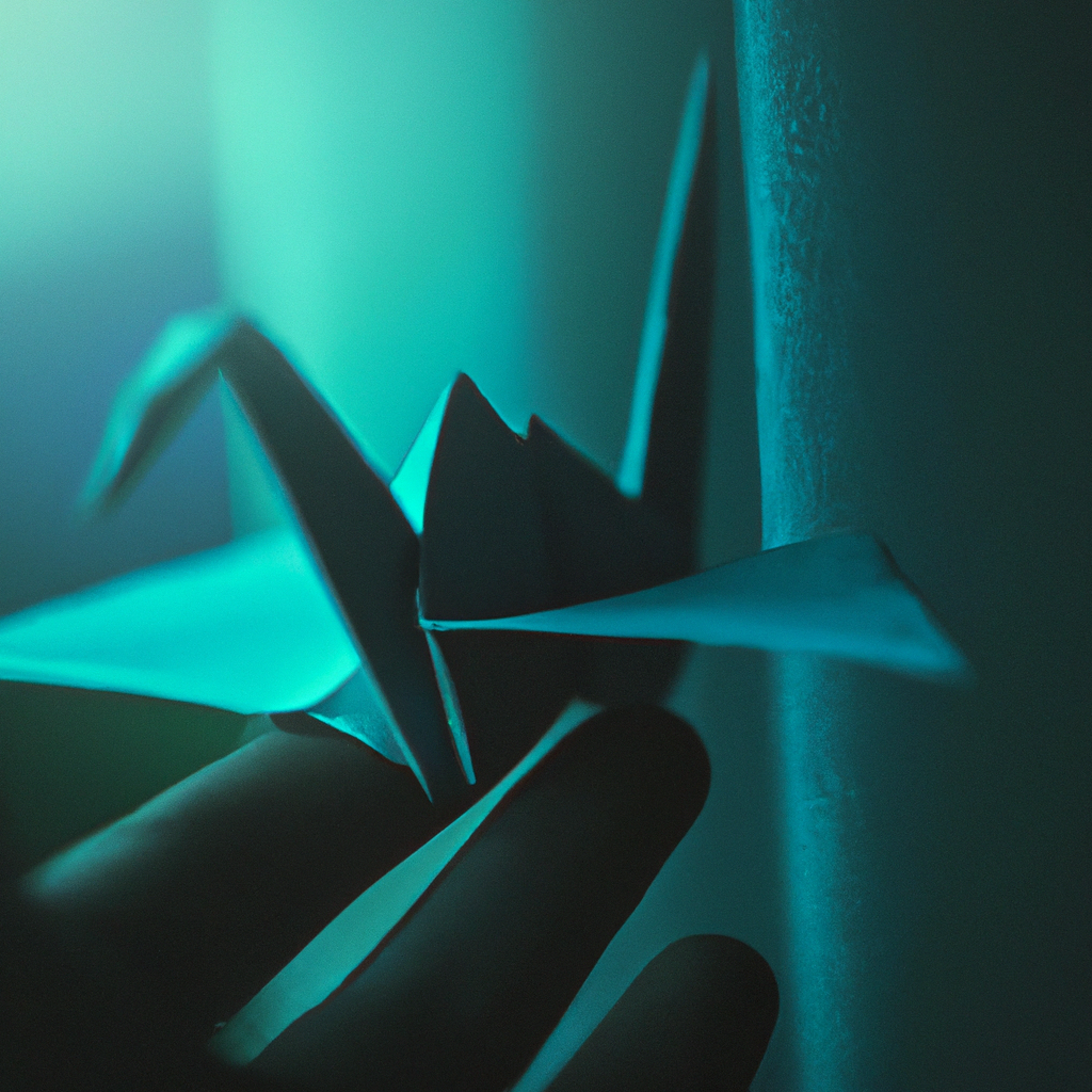 Main façonnant une grue en origami, macrophotographie en lumière naturelle, palette bleu-vert